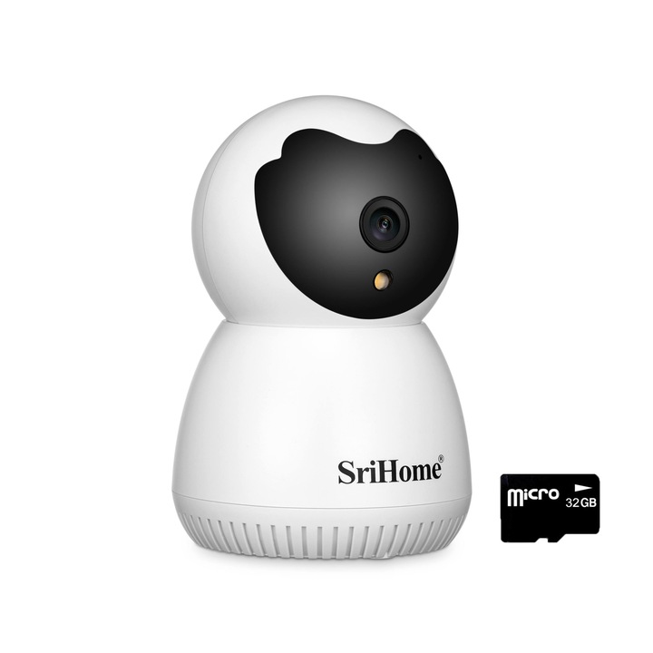Camera de supraveghere WIFI SriHome® SH036 Pro, Night vision color, Rotire automata, FullHD, 3.0 MP, zoom 3X, senzor miscare, card memorie inclus, alb