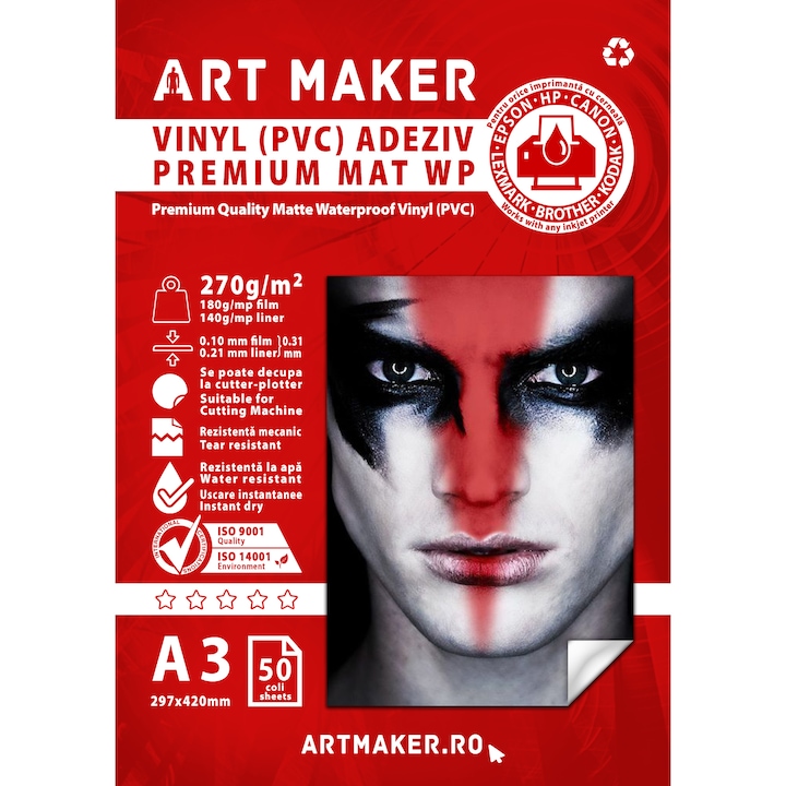 Vinyl (PVC) autoadeziv Art Maker, Premium Mat, A3, 20 coli, waterproof