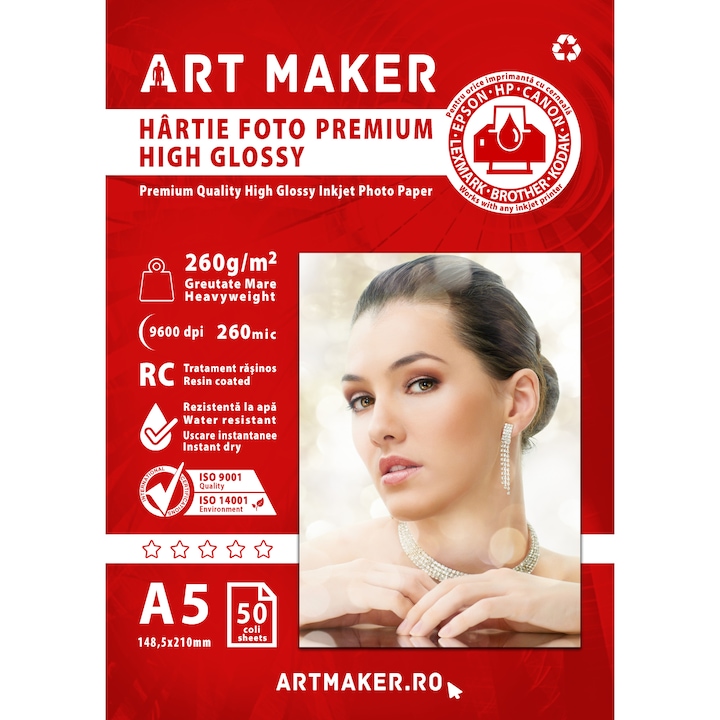 Hartie foto Art Maker Premium High Glossy, 260g/mp, RC, A5, 50 coli