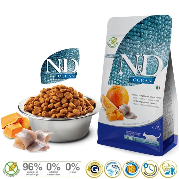 Hrana uscata pentru pisici adulte, FARMINA N&D Ocean Adult, cu hering 1,5 kg