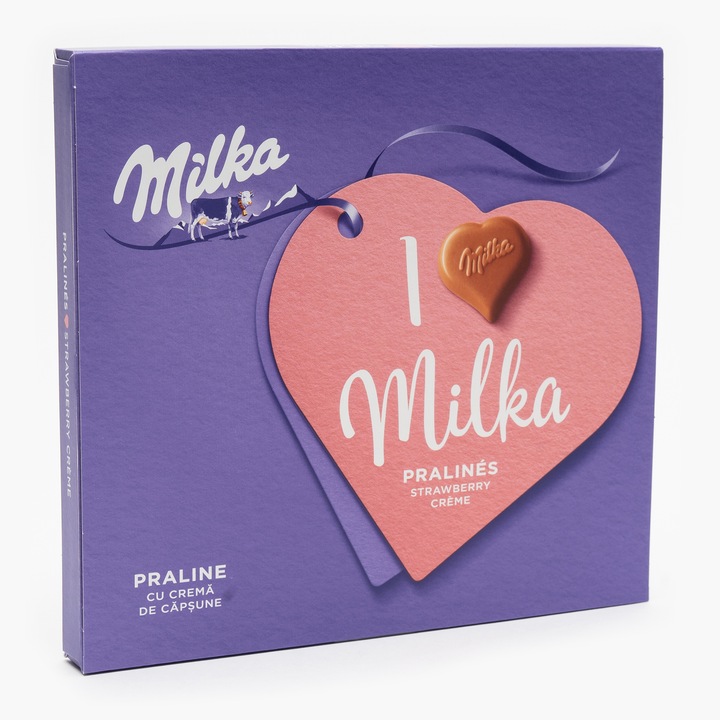 Praline de ciocolata umplute cu crema de capsune Milka 110g
