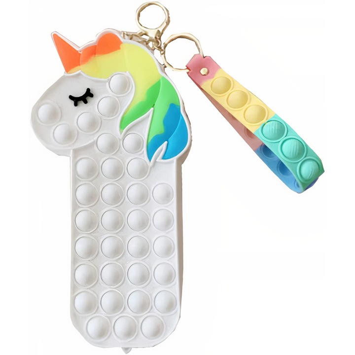 Jucarie Interactiva Antistres Tip Penar Pop IT NOW din Silicon, Cu Fermoar si Curea, Unicorn XXL, 20.4x4.5x10.2 cm, Alb, + 3 Ani
