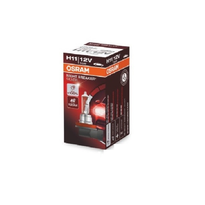 Bec H11 far faza lunga 12 V, 55 W Night Breaker Silver +100, OSRAM 64211NBS