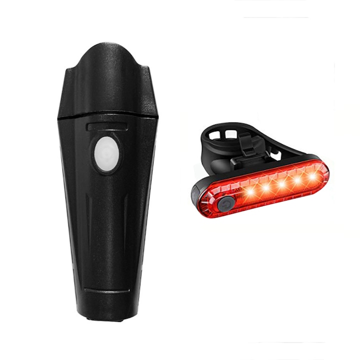 Kerékpár lámpa készlet, GOGOU, LED első/hátsó lámpák, 4 világítási mód, USB újratölthető, 300 lm, fekete