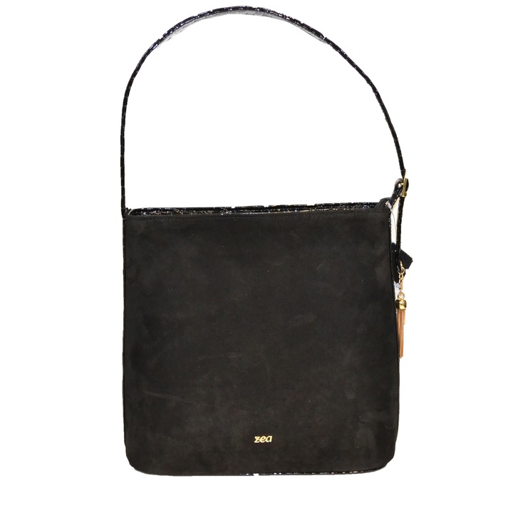 Geanta Zea, 267, casual, negru lacuit, velur pe partea din fata