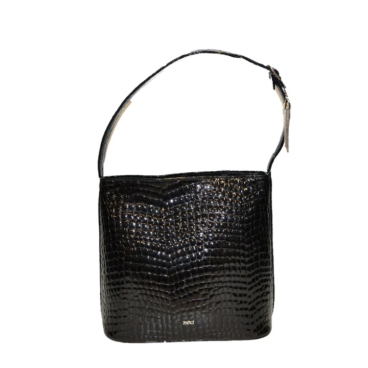 Geanta Zea, 267, casual, negru, piele crocodil lacuita
