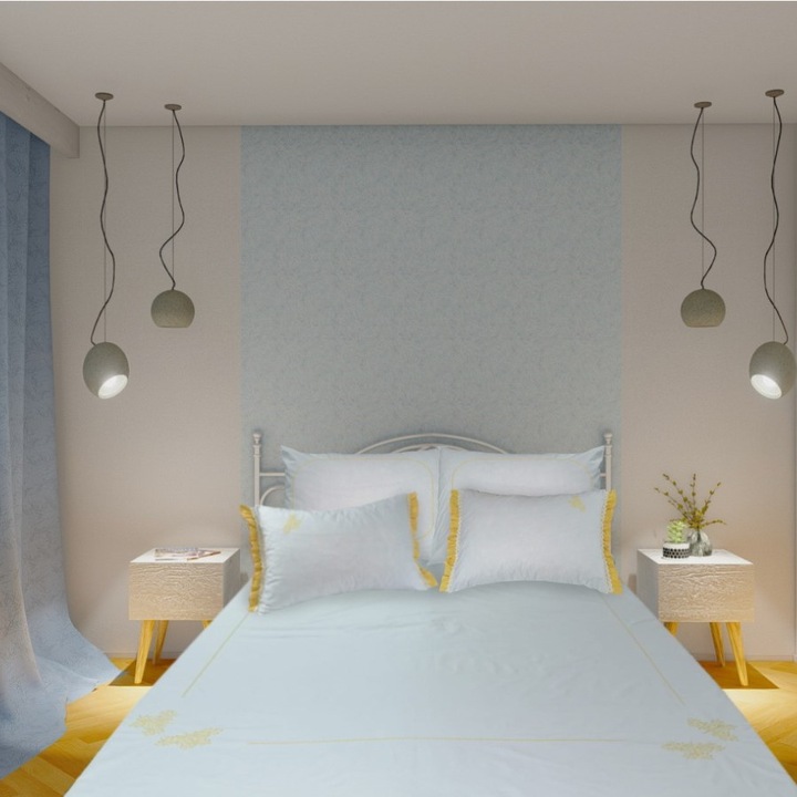Брачно спално бельо Casa Bucuriei, модел Joy, 6 части, цвят бяло/жълто, 100% памук, 200 x 220, 240 x 260