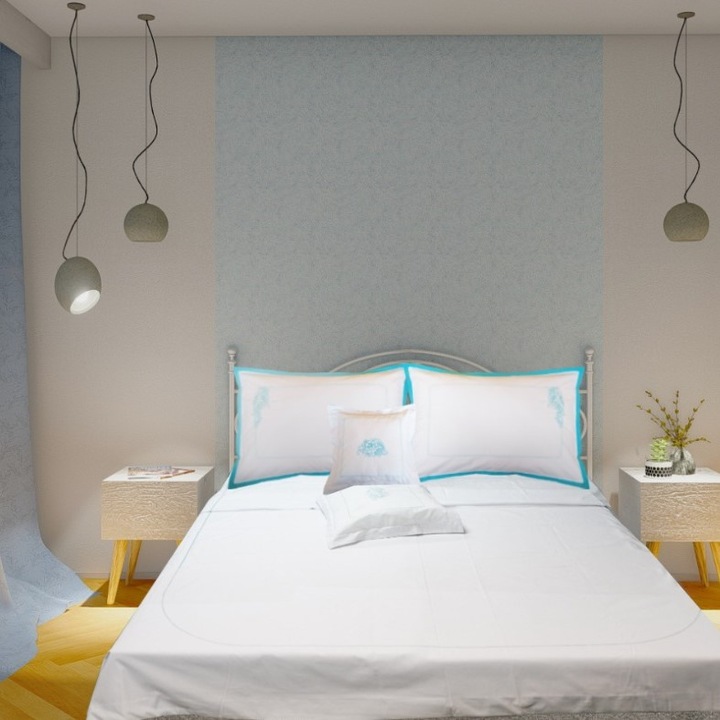 Двойно спално бельо Casa Bucuriei, модел Lebada, 6 части, цвят бяло/син, 100% памук, бродирани, 180 x 220, 240 x 260
