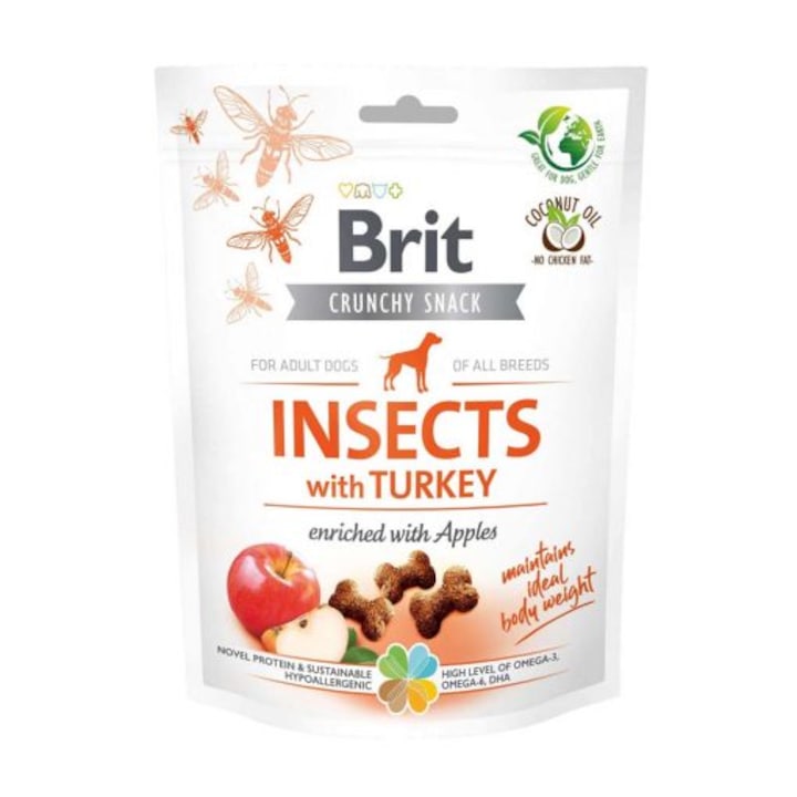 Recompense pentru caini, Brit Care Dog Crunchy Cracker Insects Turkey with Apples, 200 g
