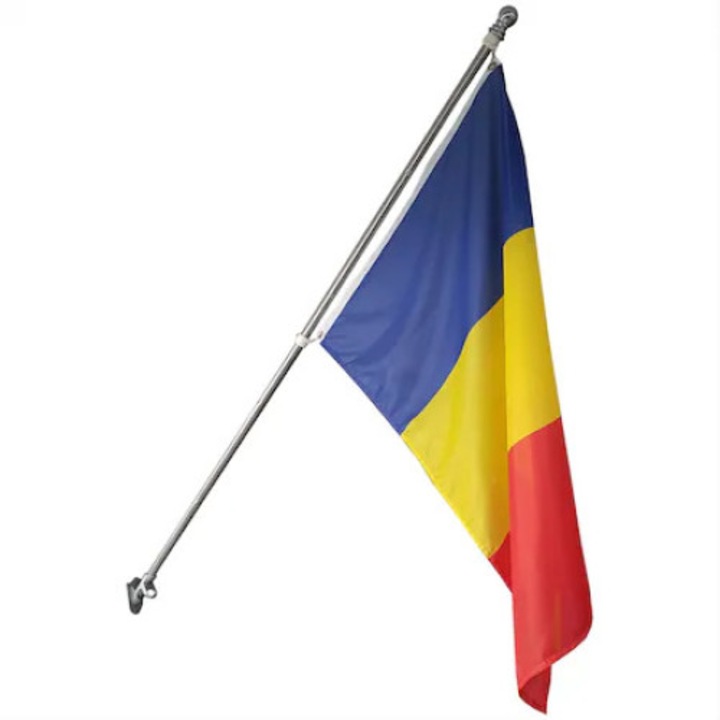 Set steag Romania 135x90 cm cu lance si suport metalic pentru perete