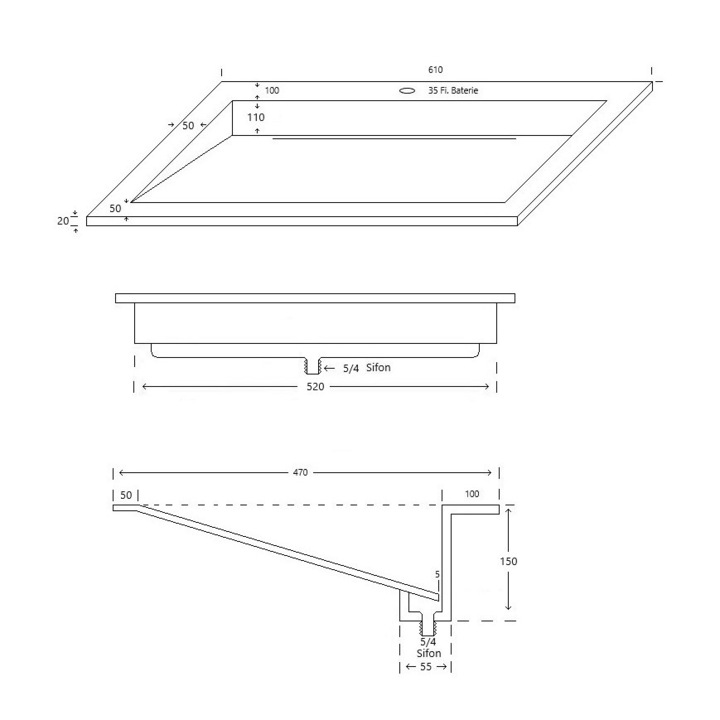 Lavoar din compozit cu sifon ascuns 60 cm ALB cu insertie de marmura si sclipici fin