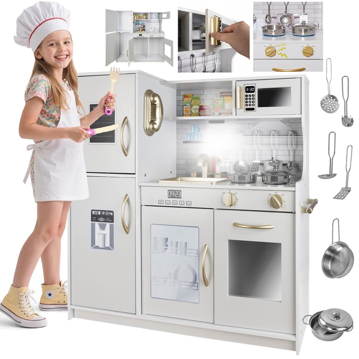 Bucatarie din lemn ecologic, margini ascutite "ISP Triple Kitchen ", 81 cm inaltime, frigider cu tabla de scris, accesorii incluse, White