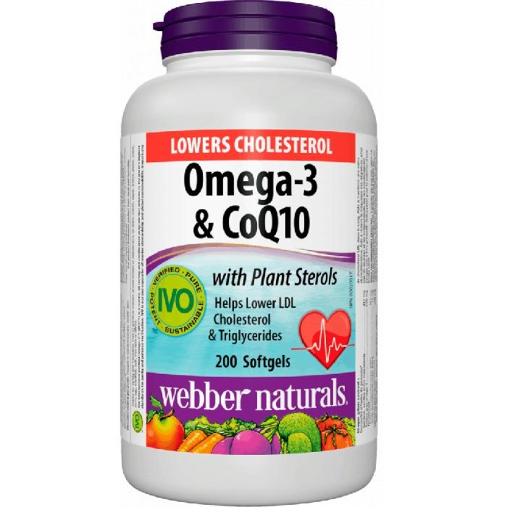 Хранителна добавка WEBBER NATURALS, LOWERS CHOLESTEROL OMEGA-3 & CoQ10 Омега 3+Фитостероли+ Коензим Q10, 200 капсули