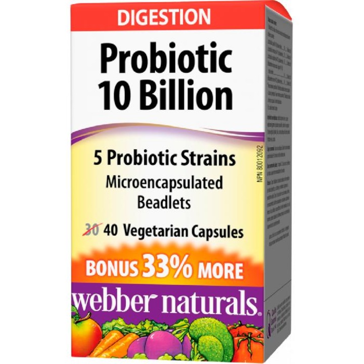 Хранителна добавка-10млрд активни пробиотици,5 щама, WEBBER NATURALS, PROBIOTIC 10 BILION, 40 капсули