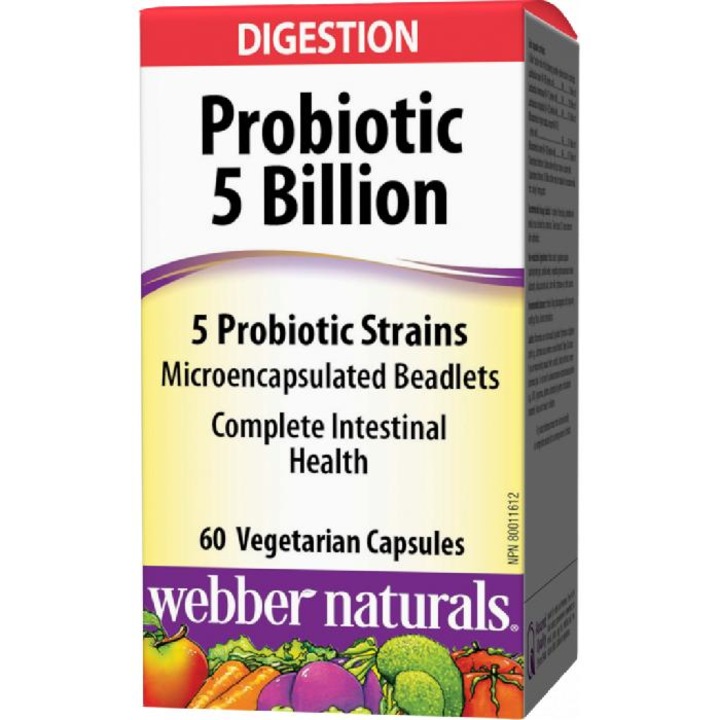 Хранителна добавка, 5млрд. активни пробиотици,5 пробиотични щама, WEBBER NATURALS, PROBIOTIC 5BILION, 60 caps