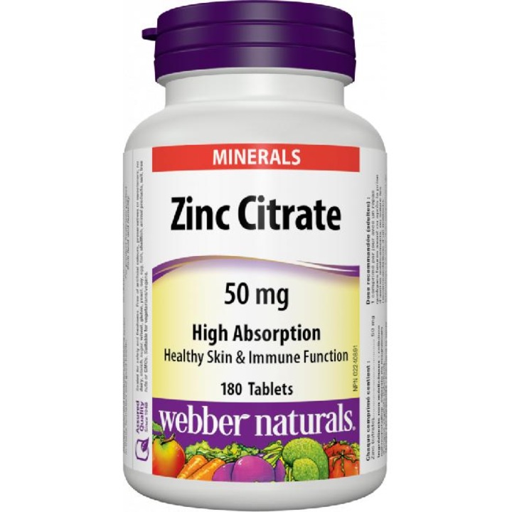 Хранителна добавка за здрава кожа и имунна система WEBBER NATURALS, ZINC CITRATE 50mg, 180 таблетки