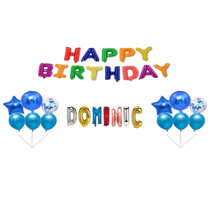 Boldog születésnapot Dominic lufi szett, tortafeltét, Multicolor M2, 35 db