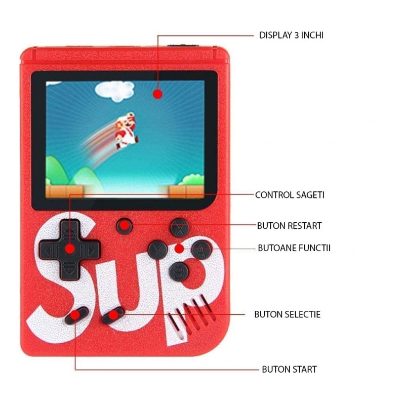 Mini consola retro Pyramid®, 400 de jocuri, controller inclus, portabila, iesire AV, display 3inch, rosu, GAMEBOY2