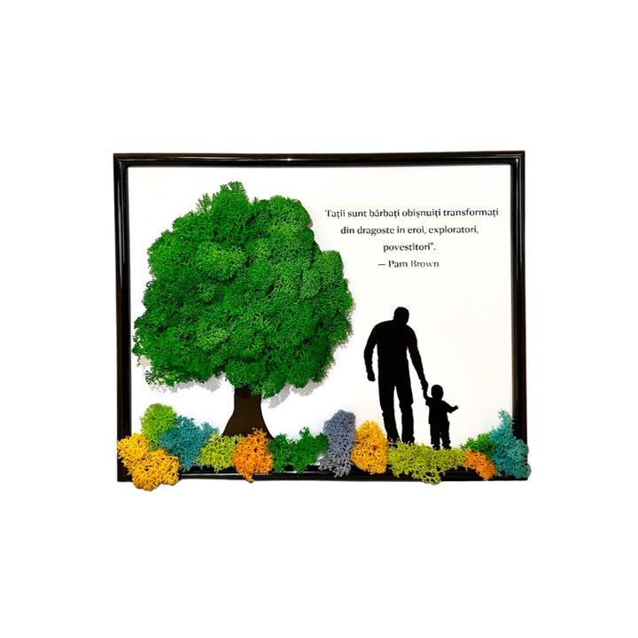 Tablou cu licheni stabilizati, dimensiune 20x25, model cu tata si copil, mesaj pentru tata