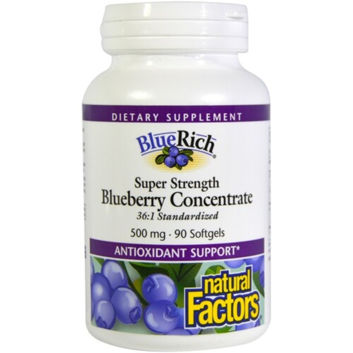 Хранителна добавка Natural Factors, BlueRich Super Strength Blueberry Concentrate, Синя боровинка супер концентрат, 500 mg, 90 капсули