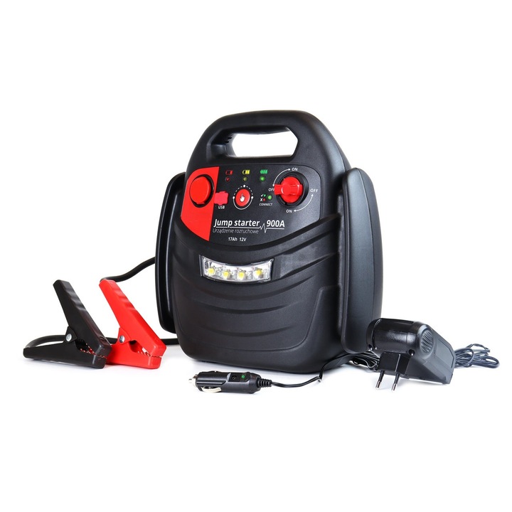 Robot pornire cu 4 functii, max 900 A, jumpstarter, powerbank, compresor si lanterna