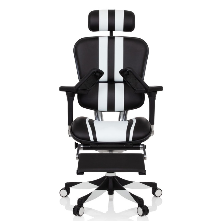 Геймърски стол QMOBILI Mars Ergohuman Elite Plus Black and White, микрофибърна кожа, с 2D облегалка за глава, лумбална опора, 3D аксиално регулируеми ръце, подвижна седалка, полипропиленова основа и опора за крака