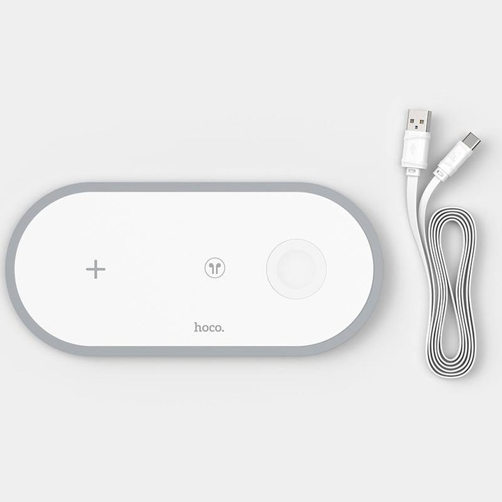 Incarcator wireless Qi 3in1 CW24, Hoco, Plastic/Silicon, 5-9V, 5-10W, 200x92x10 mm, Alb
