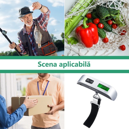 Cantar electronic bagaje, ABS, Afisaj LCD, Capacitate 50 kg, Argintiu