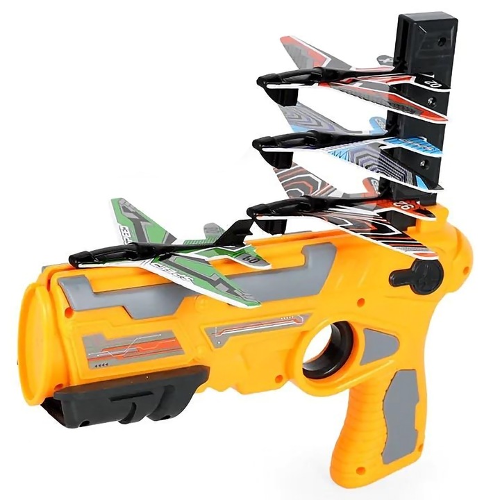 Pistol lansator de avioane de jucarie, 4 avioane, portocaliu