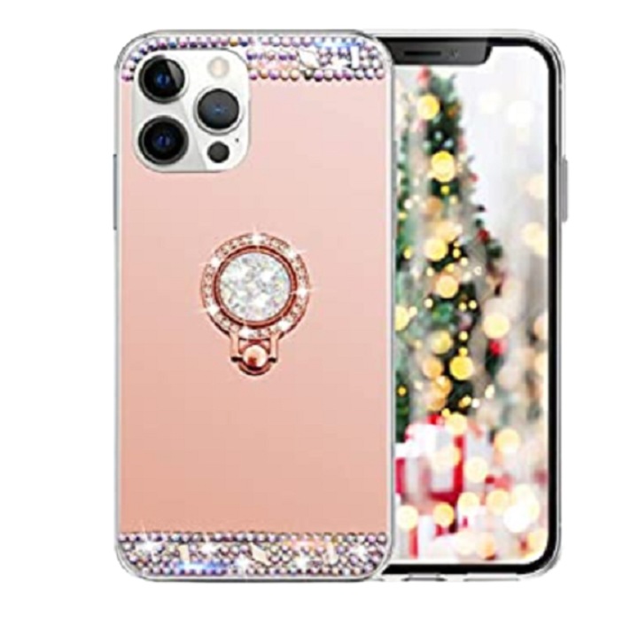 Husa oglinda , pietricele cu inel compatibila cu Iphone 13 , Roz
