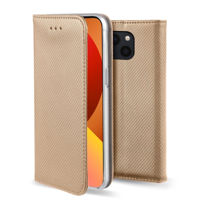 Husa pentru telefon, Moozy, Flip On, pentru iPhone 13, Auriu, Piele ecologica