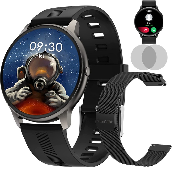 Часовник Smartwatch SmartVIBE WiX, Ултра тънък калъф, Пълно докосване, Фитнес тракер, Мониторинг на пулс, кръвно налягане, сън, оксиметър, известия в социалните мрежи, Мулти спорт, Черен