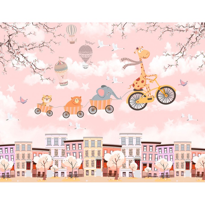 Fototapet pentru copii, Animalele pe bicicleta, Girafa, Elefantul, Ursul si Tigrul deasupra orasului, Fundal roz pal, 100x 150cm, Multicolor