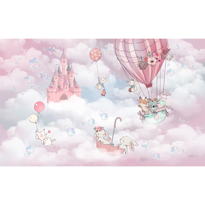 Fototapet pentru fetite, Animalutele in lumea magica, Nori roz pal si Castelul magic, 100x 150cm, Multicolor