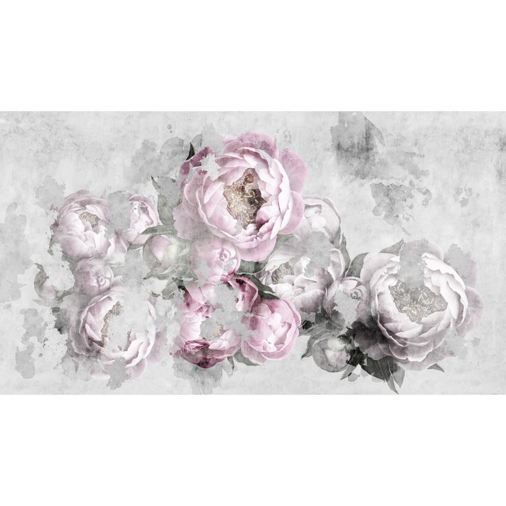 Fototapet Floral, Bujorii roz pal si un fundal gri abstract, 150x 250cm, Multicolor, Lavabil, Orice incapere