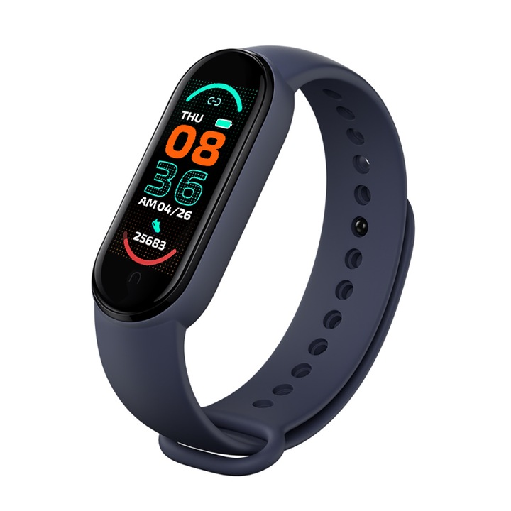 Bratara fitness Smart Band 6, pentru Samsung, Huawei si Iphone, cu functie de masurare a tensiunii arteriale, Ritm cardiac, Nivel oxigen, Pedometru, Bluetooth, Dark blue