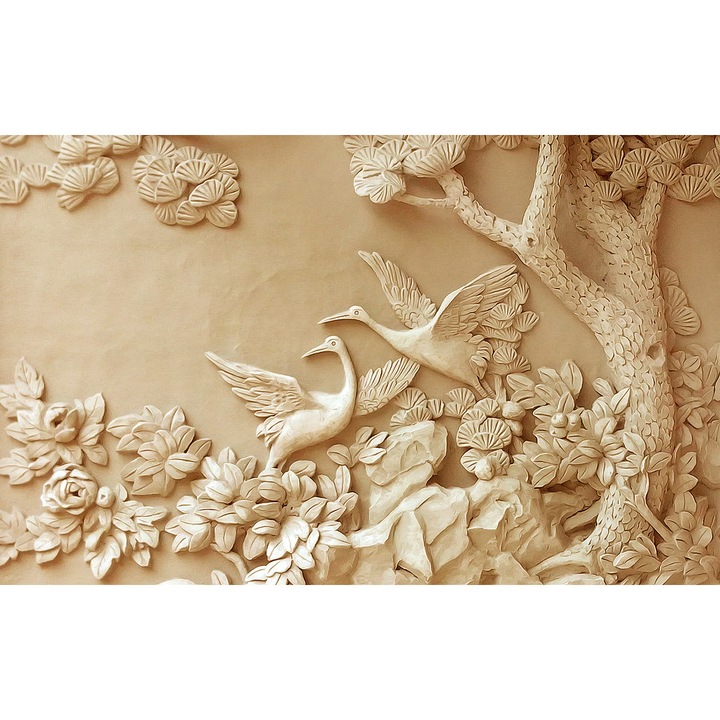 Fototapet cu efect 3D, Parcul cu pasari, imitatie de ipsos, Stil vintage, 200x 350cm, Multicolor, Lavabil, Orice incapere