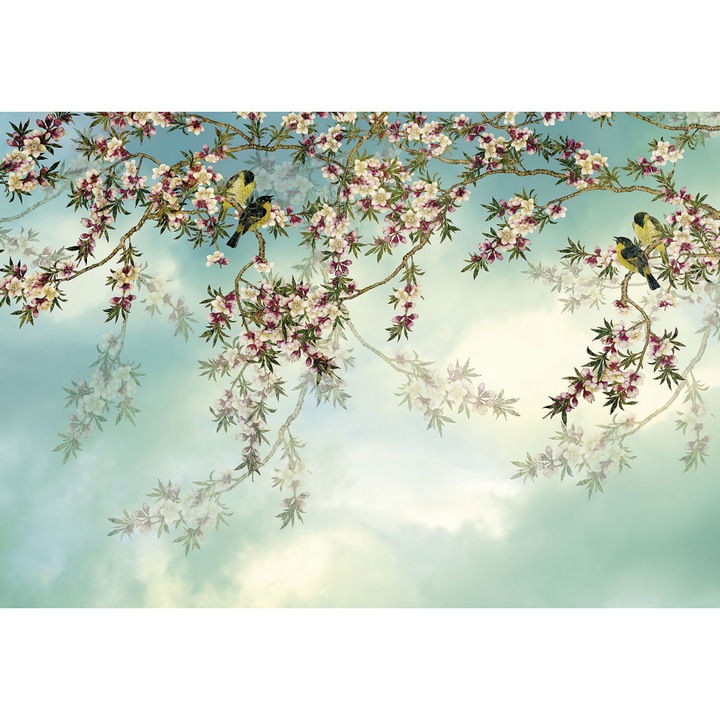 Fototapet cu efect Vlies, Pasarile si florile de primavara pe fundalul cerului albastrui, 100x 150cm, Multicolor, Lavabil, Orice incapere
