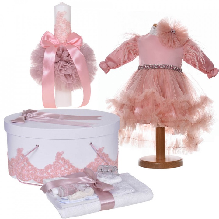 Set botez elegant rochita 2 piese, trusou botez, cutie trusou si lumanare, decor dantela roz pudra, 0 - 3 luni, Denikos® C9181