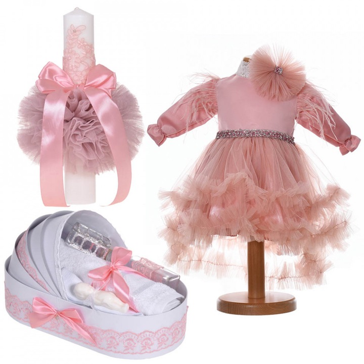 Set rochita botez, trusou botez in landou si lumanare, decor dantela roz pudra, 3 - 6 luni, Denikos® C9211