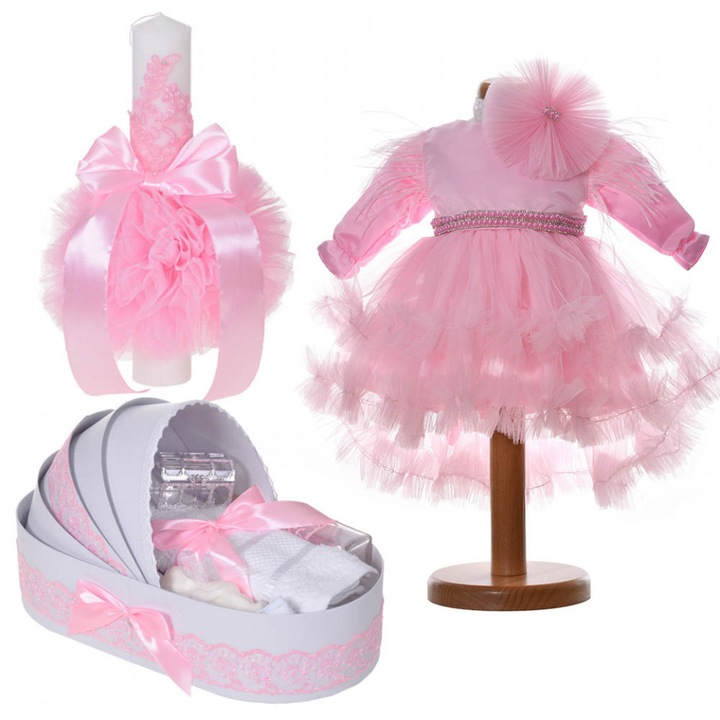 Set elegant rochita botez, trusou landou botez si lumanare, decor dantela roz, 0 - 3 luni, Denikos® C9190
