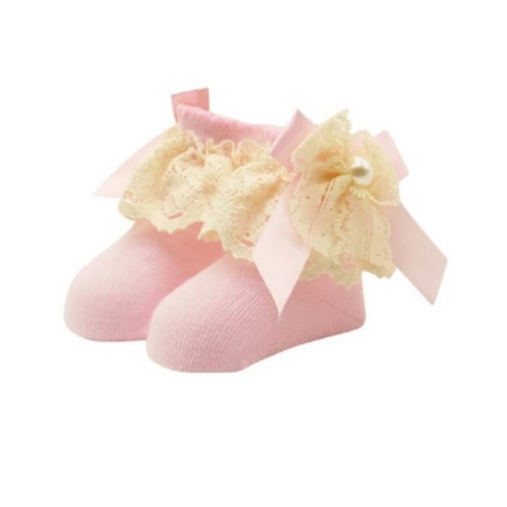 Ciorapei cu perluta si dantela, drool, 0-24 luni, roz