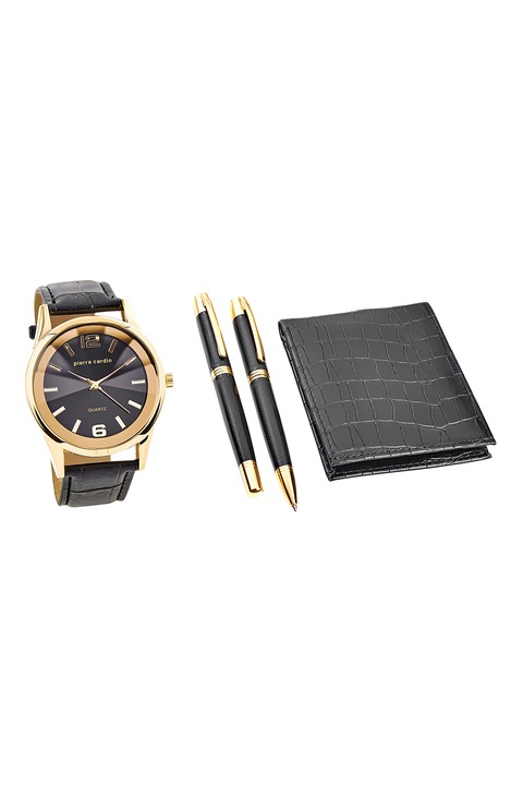 Pierre Cardin, Часовник с кожена каишка, портфейл, химикалка и молив, Черен