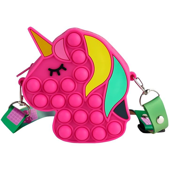 Umar Pop IT NOW Интерактивна антистрес играчка тип чанта от силикон, с цип и колан, модел еднорог, 12X12X4 см, фуксия, + 3 години