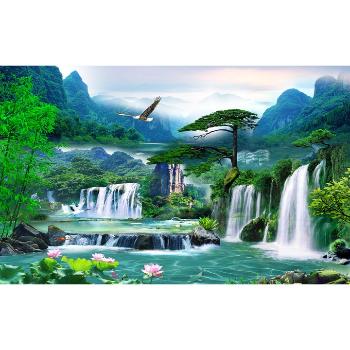 Fototapet peisaj Asiatic, Cascada verde in munti si pasarile, 300x 400cm, Multicolor, Lavabil, Orice incapere