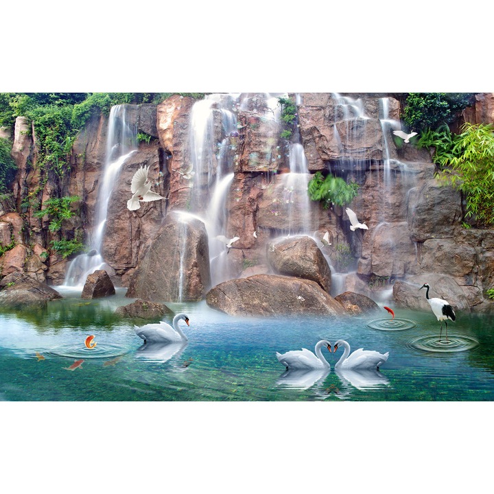 Fototapet Cascada, Lebedele si porumbei pe fundalul unei cascade stancoase, 200x 250cm, Multicolor, Lavabil, Orice incapere