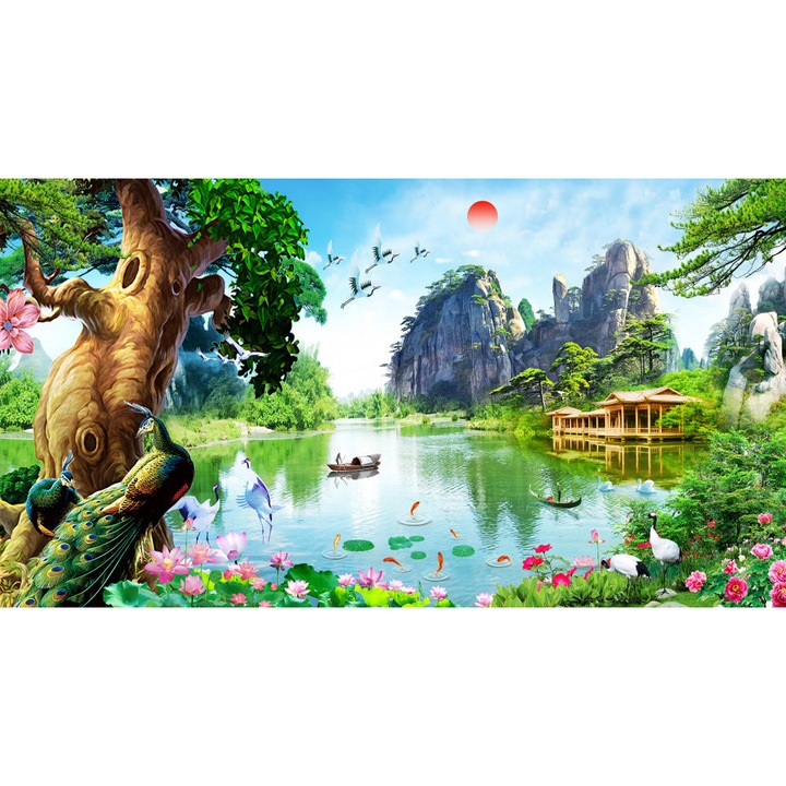 Fototapet peisaj Asiatic, Pasarile la Iazul din munti, Muntii, 200x 400cm, Multicolor, Lavabil, Orice incapere