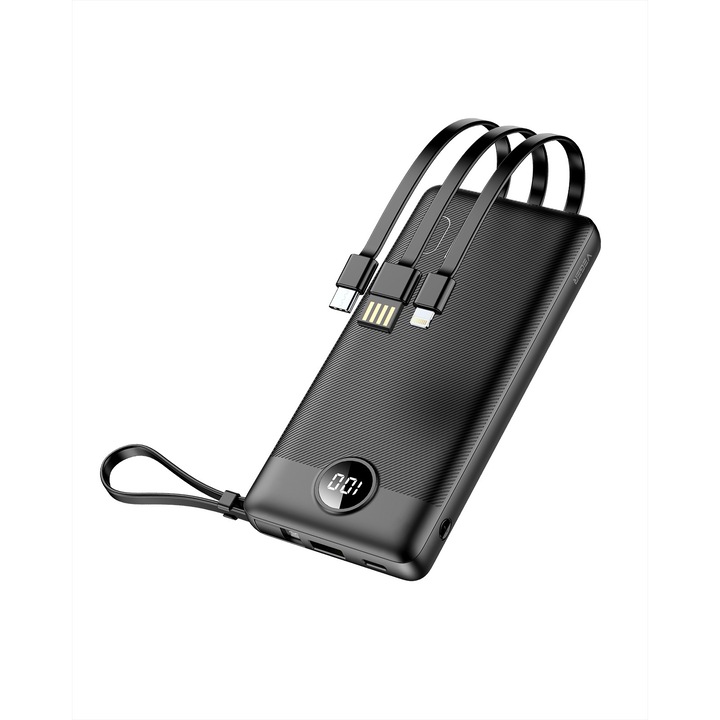 Acumulator extern Veger C10, 10000 mAh, compatibil cu tip cabluri Type C & Lightning & MicroUSB si USB incorporate, Display LED