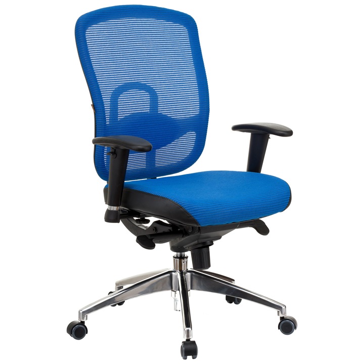 Ergonomikus QMOBILI Oklahoma Blue szék, textilháló, 4 pontos multiblock mechanizmus, állítható deréktámasz, állítható PP karok, alumínium talp