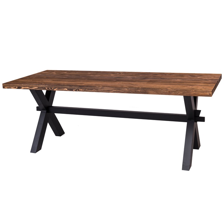 Masa dining cu picioare x, culoare top maro, culoare corp negru, dublu color, 100% lemn masiv, 210x78x90 cm